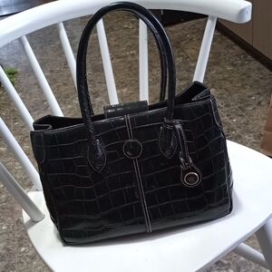 Dooney & Bourke Black Satchel with Crocodile Texture and Silver Hardware